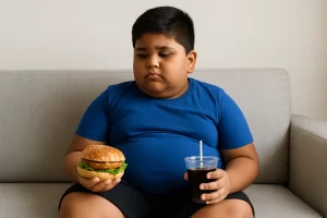 An overweight child holding hands with a parent, symbolizing support in overcoming childhood obesity.
