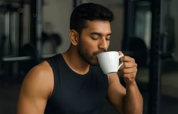 A young man drinking coffee before workout, representing the effect of caffeine on energy and physical performance.