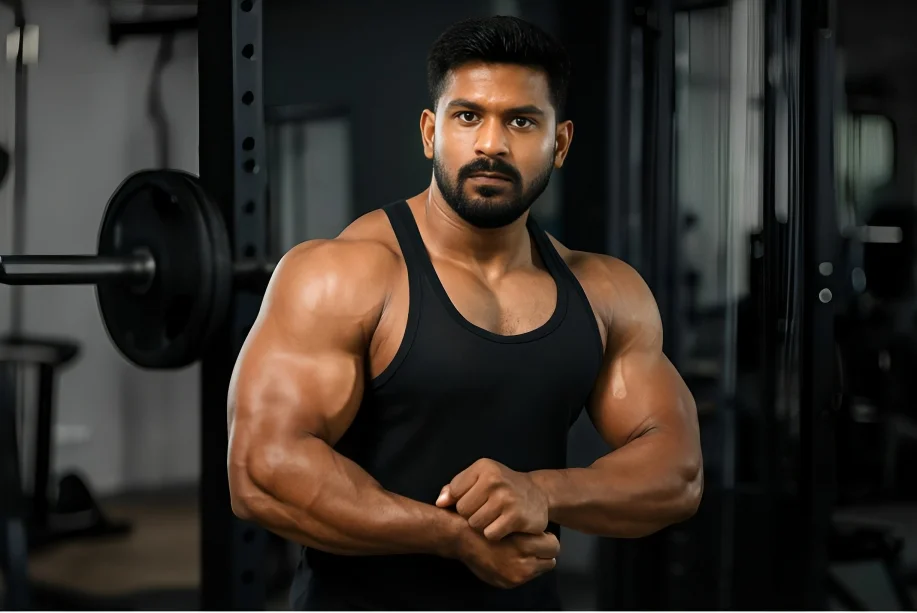 Muscular man in gym posing confidently in front of barbell rack