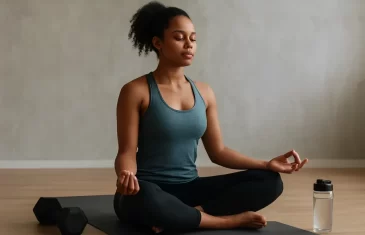 Woman practicing mindful breathing during a workout while focusing on body movements in a calm fitness environment