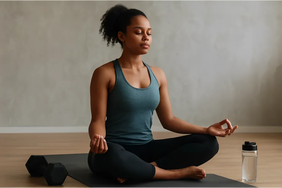 Woman practicing mindful breathing during a workout while focusing on body movements in a calm fitness environment