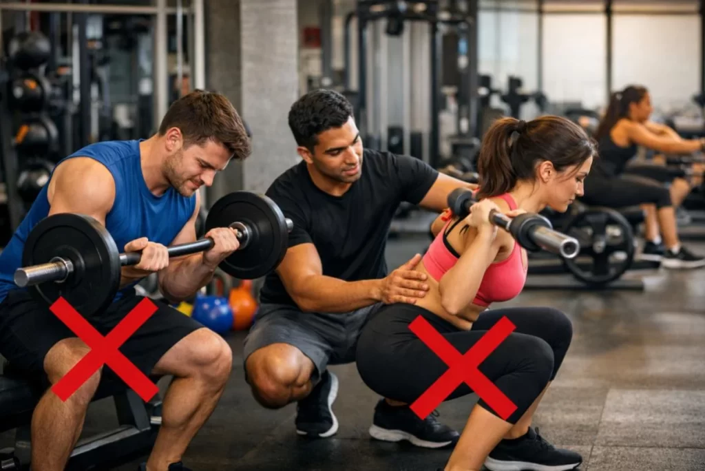 Trainer correcting exercise posture during a workout