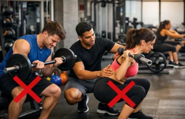 Trainer correcting exercise posture during a workout