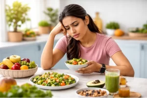 Person looking confused while preparing healthy meals in the kitchen