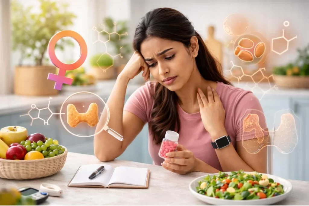 Woman exercising with hormonal balance concept illustration