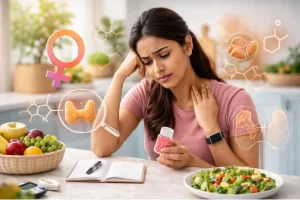 Woman exercising with hormonal balance concept illustration