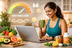 Fitness professional explaining metabolism concepts using visuals