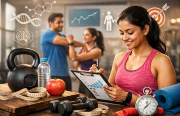 Person writing fitness goals in a notebook with workout equipment nearby