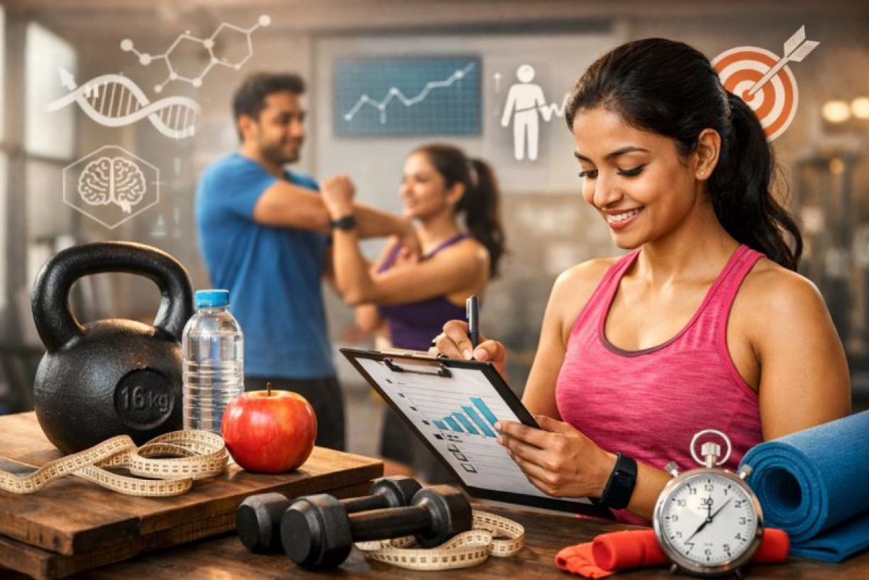 Person writing fitness goals in a notebook with workout equipment nearby