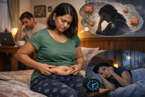 Person holding belly fat with stress and sleep concept graphics