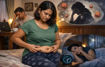 Person holding belly fat with stress and sleep concept graphics