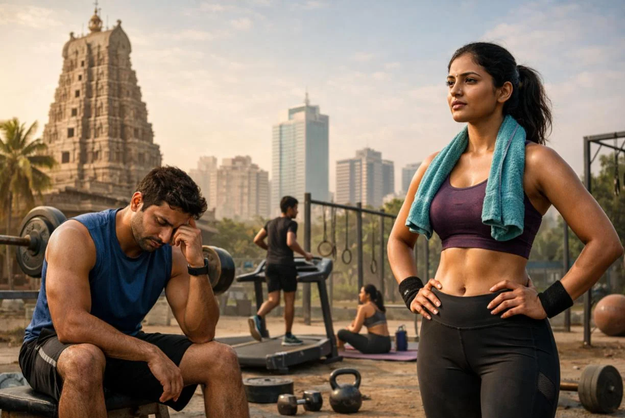 Person frustrated at weighing scale in gym