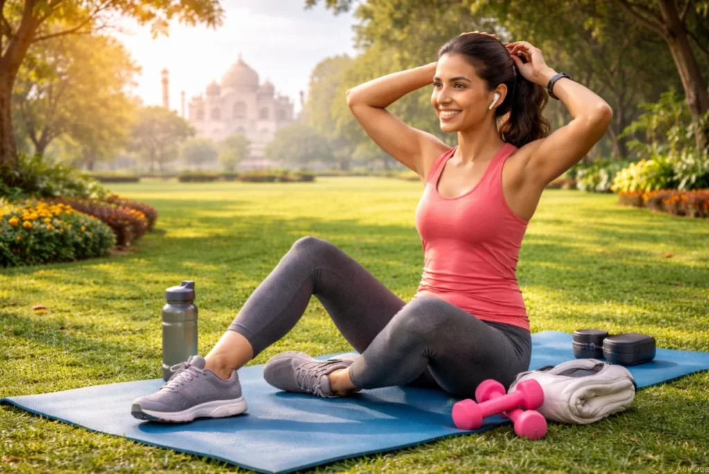 Person putting on workout shoes at home
