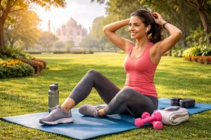 Person putting on workout shoes at home