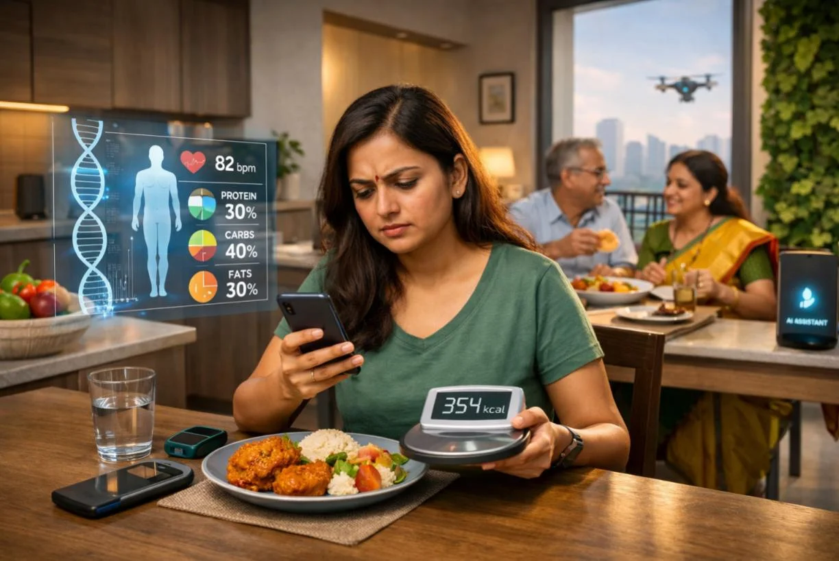 Person tracking calories on mobile app looking confused