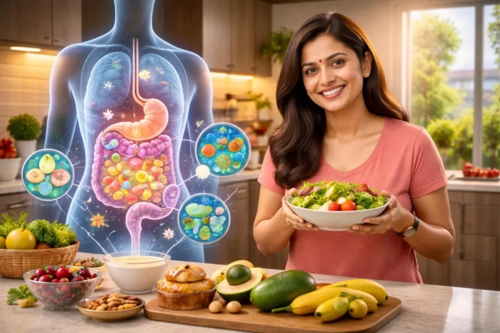 Healthy gut concept with probiotic foods and digestive illustration