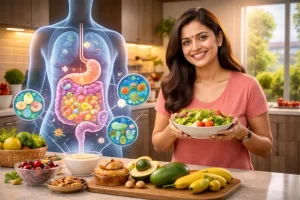 Healthy gut concept with probiotic foods and digestive illustration