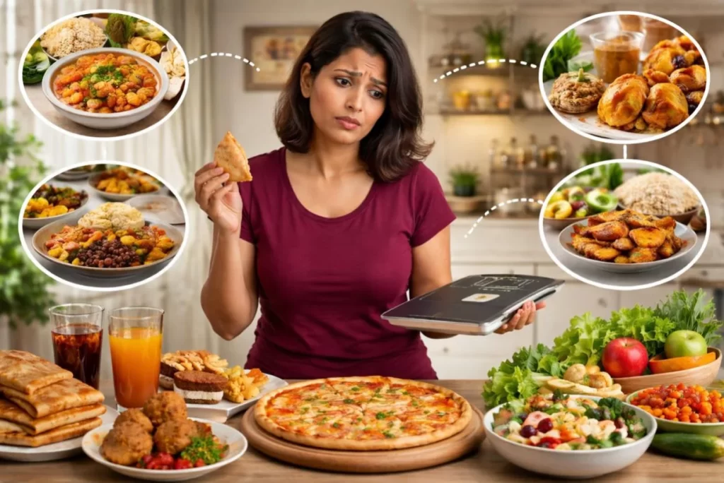 Indian thali meal with portion size comparison