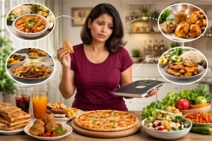 Indian thali meal with portion size comparison