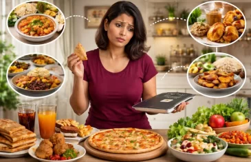 Indian thali meal with portion size comparison