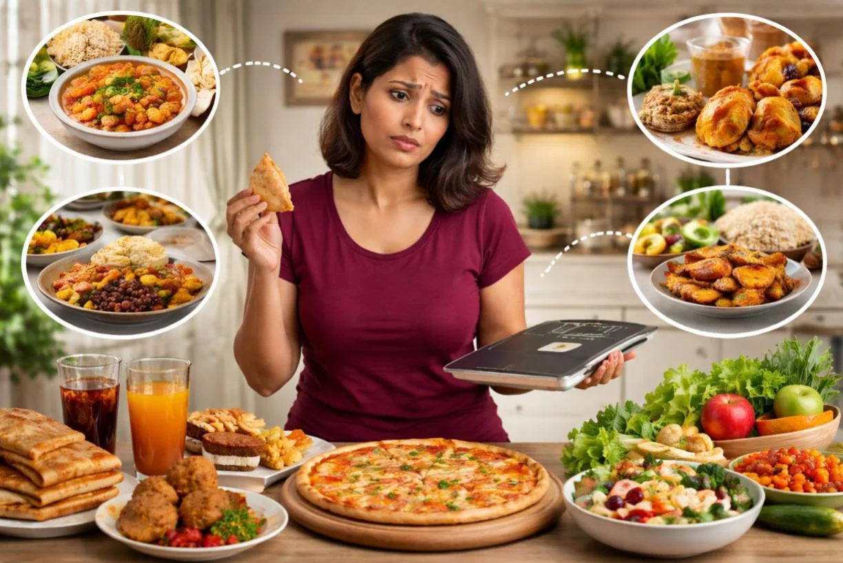 Indian thali meal with portion size comparison