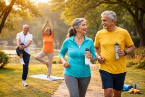 Middle-aged adult strength training with healthy lifestyle vibe