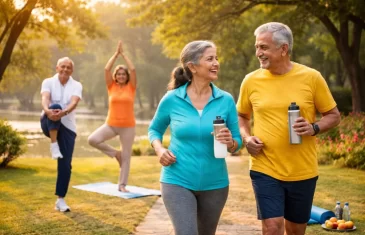 Middle-aged adult strength training with healthy lifestyle vibe