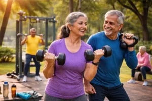 Adult lifting weights confidently in gym