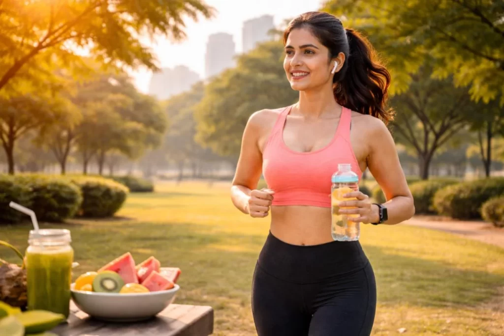 Person doing outdoor workout in hot Indian summer weather