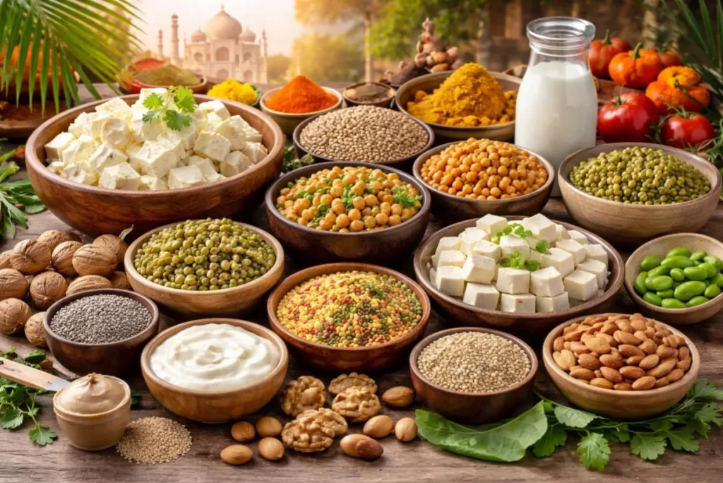 Assorted Indian vegetarian protein foods like paneer, dal, tofu